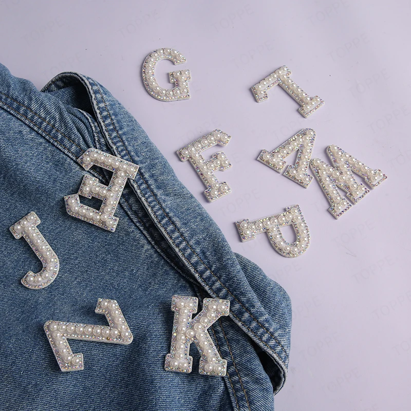 New！AB Pearl Rhinestone English Letter Patches Iron on Stickes Applique 3D Handmade Beaded Diy Cute