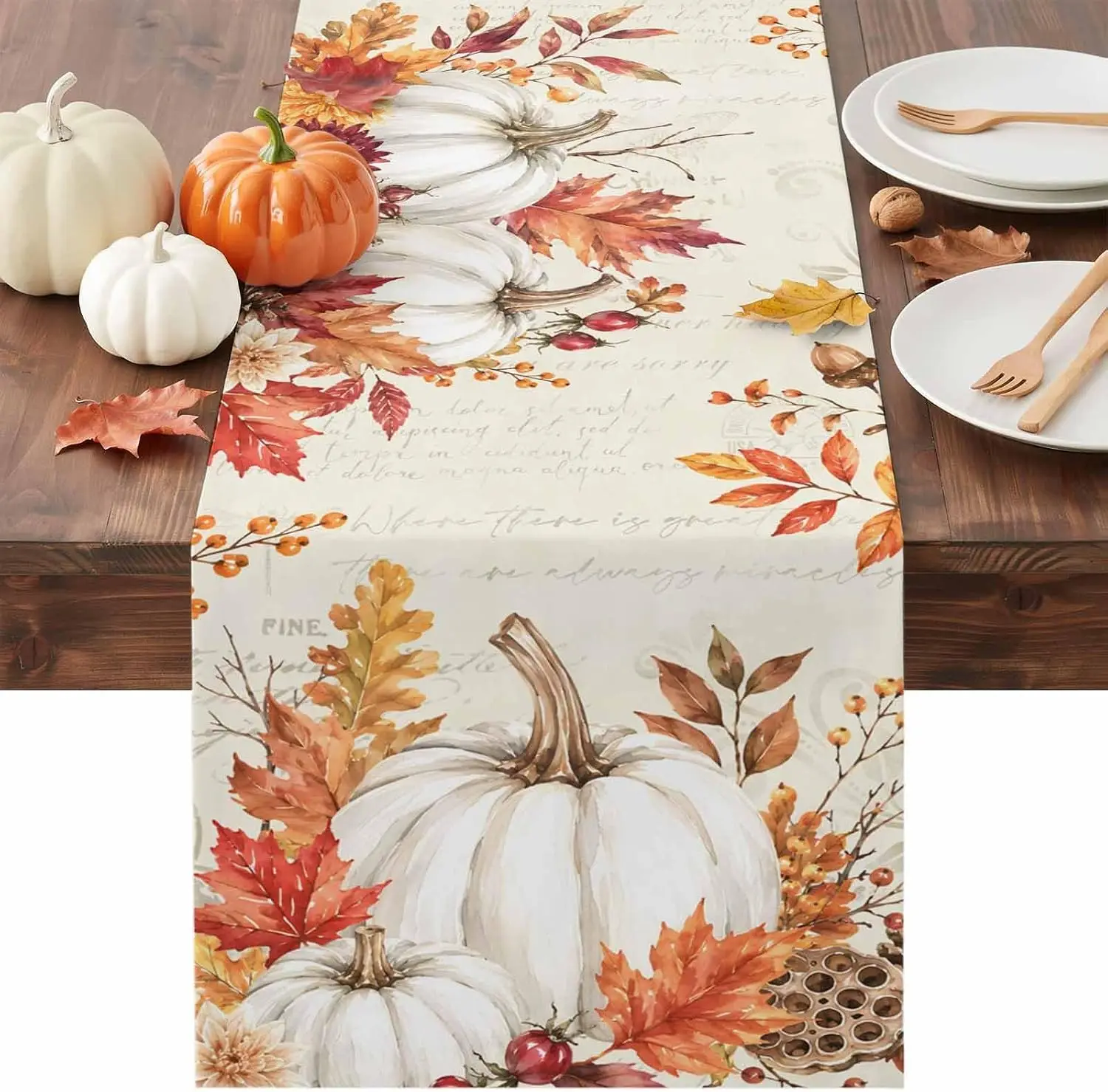 Fall Thanksgiving Pumpkin Maple Leaf Linen Table Runner Home Decor Autumn Harvest Kitchen Dining Table Runners Autumn Decoration