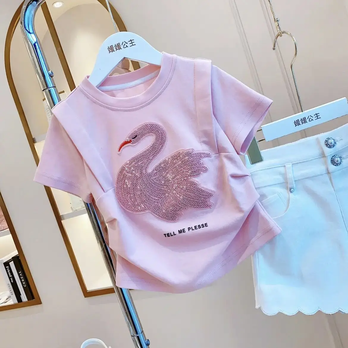 New Baby Girls Summer Fashion Sweet  Sets, Pink Cartoon Sequined Top + White Skirts 5-9 T