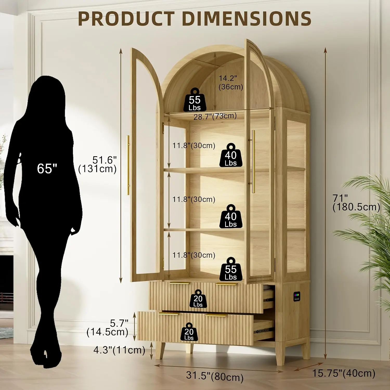 Arched Glass Display Cabinet RGB LED Lighted Collectible Showcase 65in H, Customized