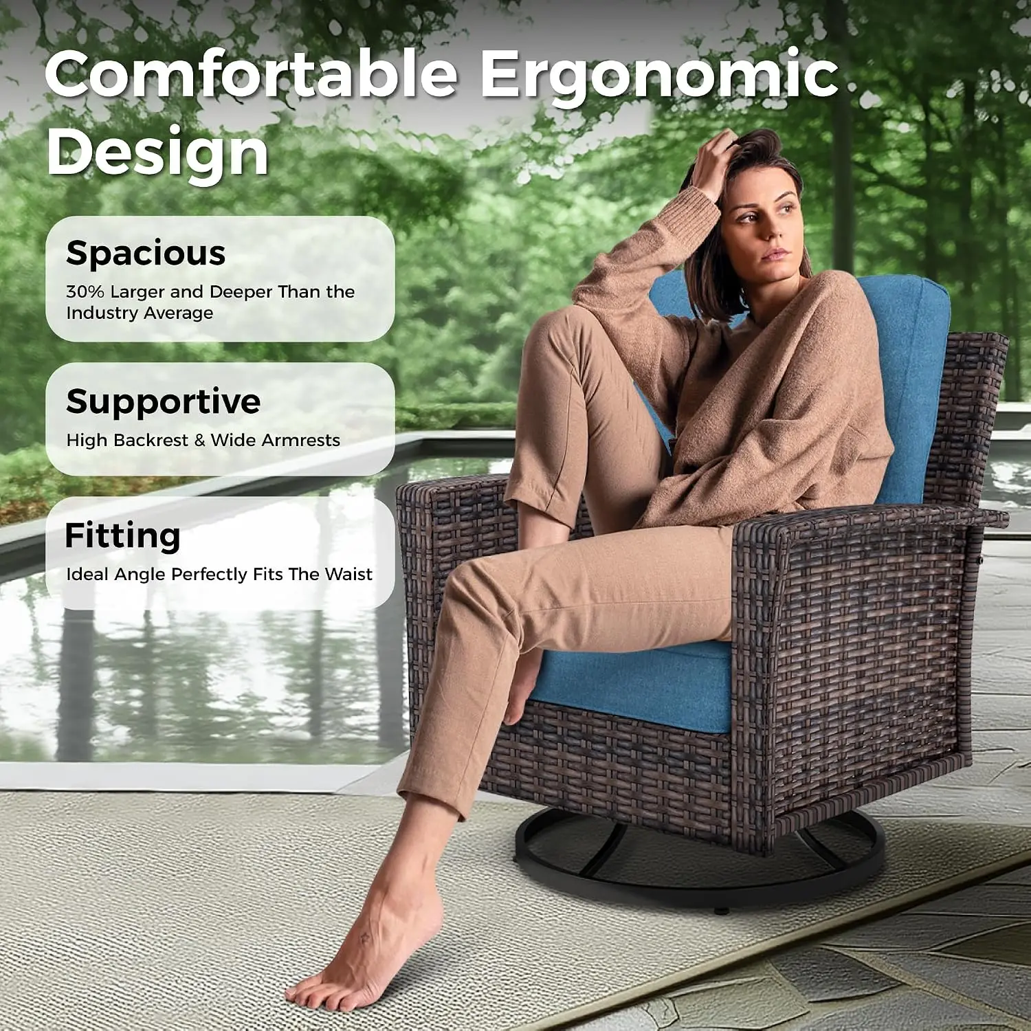 3-Piece Wicker Patio Furniture, High Back Outdoor Chairs, Blue, Customized