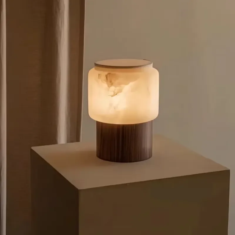 Handmade Natural Alabaster Table Lamp Solid Walnut Base Wabi Sabi Style Stone Bedside Light for Bedroom Home Decoration