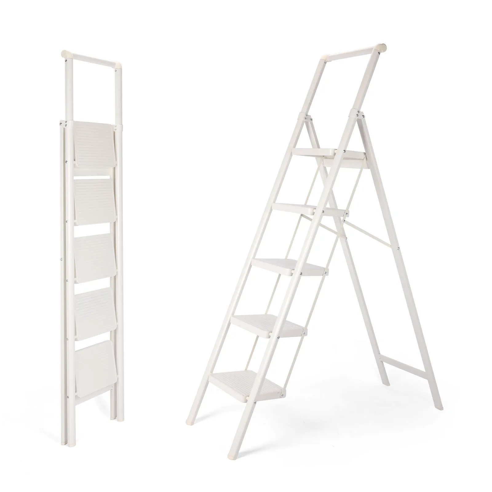 

5-step folding ladder with anti slip pedals, lightweight portable ladder, aluminum footstool suitable for home kitchen