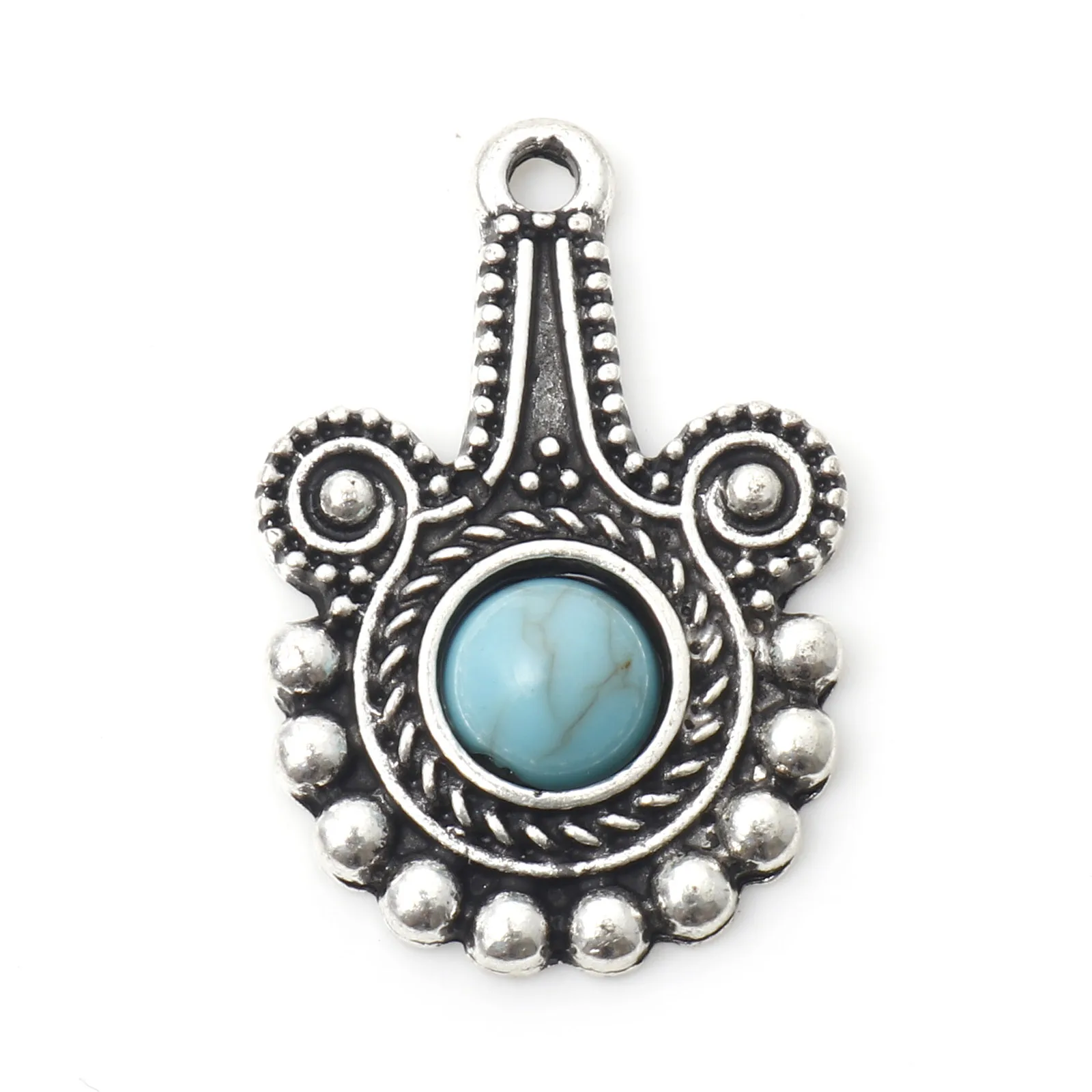 10PCs Bohemian Charms Imitation Turquoise Pendants Antique Silver Color Carved Pattern With Resin Cabochons DIY Necklace Jewelry