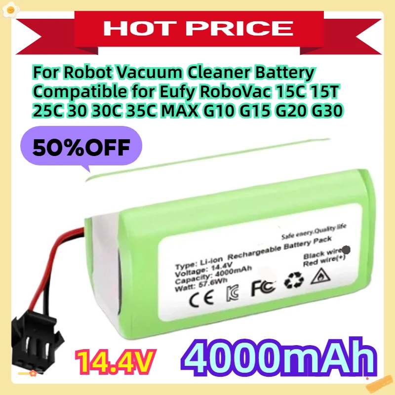 

For 14.4V 4000mAh Robot Vacuum Cleaner Battery Compatible for Eufy RoboVac 15C 15T 25C 30 30C 35C MAX G10 G15 G20 G30
