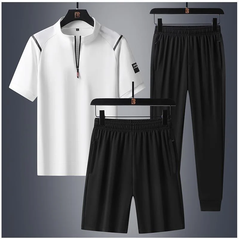 2026 Summer New Fashion Trend Short-Sleeved T-shirt Sports Suit Men's Casual Breathable Plus Size High-Quality Three-Piece Set