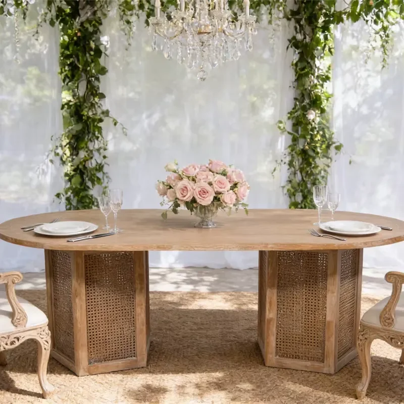 Nordic Modern Minimalist Oval Rattan Dining Table with Wooden Base for Large Space Wedding Event Rental Furniture Decor