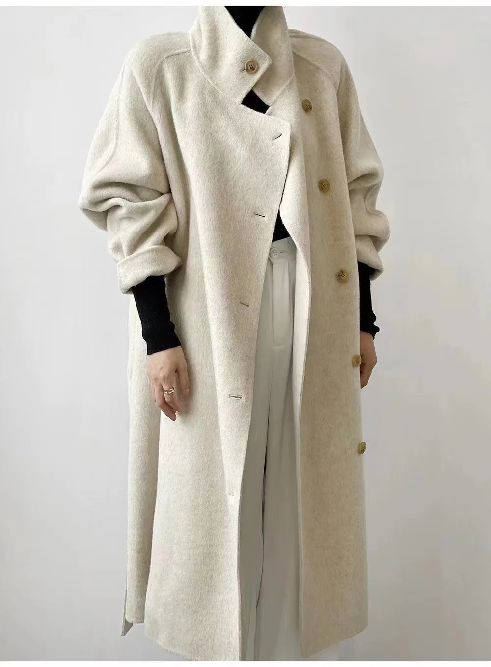 

Korean version silhouette diagonal placket wool loose double-sided cashmere coat women's 2023 new autumn and winter loose