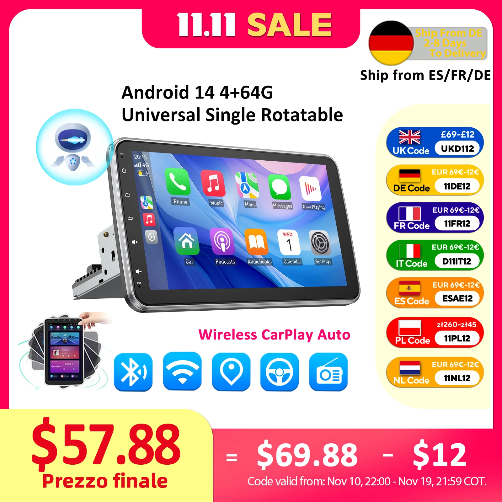 Android 14 10.1 Inch Universal Single Rotatable Car Radio Auto Carplay Multimedia Player GPS Navi Automotive Stereo Bluetooth