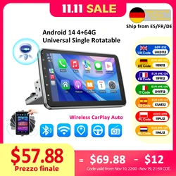 Android 14 10.1 Inch Universal Single Rotatable Car Radio Auto Carplay Multimedia Player GPS Navi Automotive Stereo Bluetooth