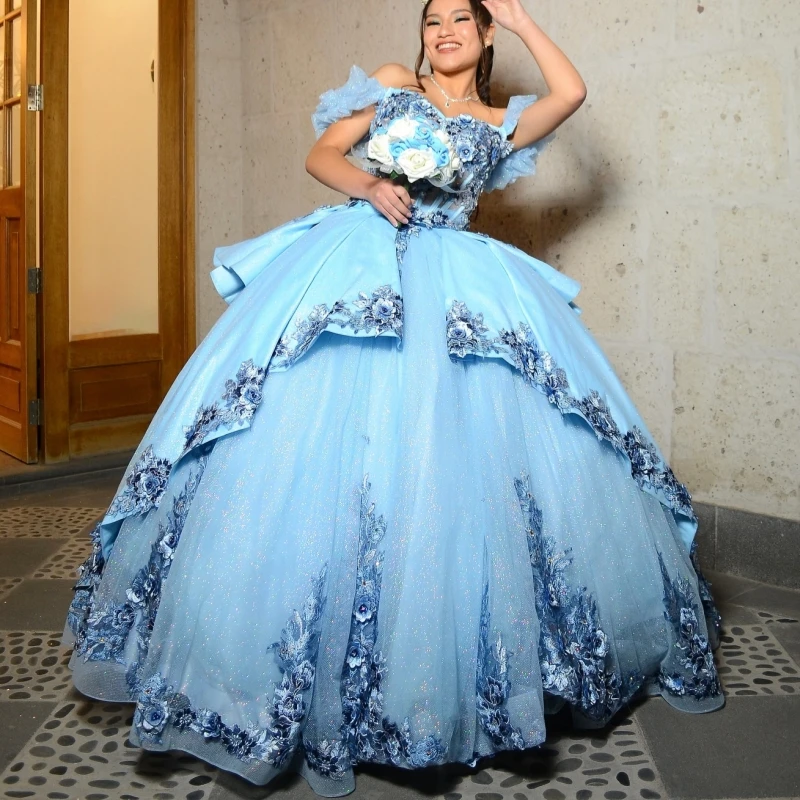 

Небесно-голубое блестящее платье Quinceanera с открытыми плечами, аппликация, цветок, бисер, кристалл, корсет, тюлевое платье для вечеринки, дня рождения, сладкое 16.