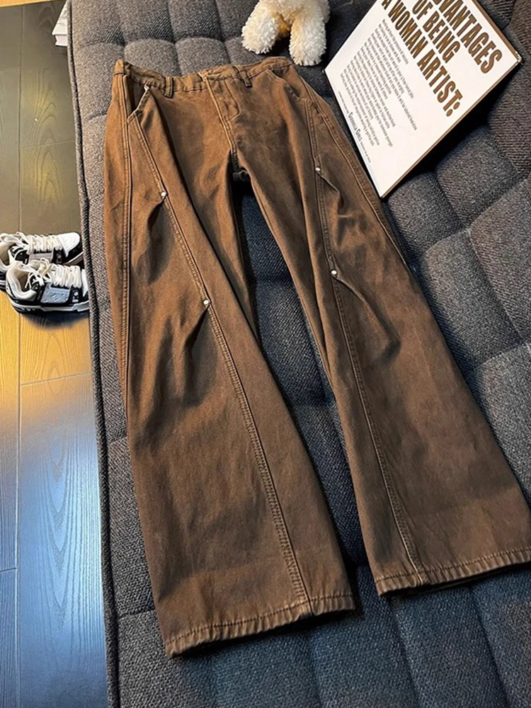 

Brown Rivet Folded Slant Cut Jeans Men's Winter Fce Pure Cotton Workwear Pants Vintage Straight Leg Casual Trousers