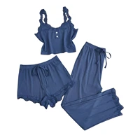 New 2025 Women's Summer 3PCS Pajama Sets Solid Vest Shorts and Pants Paired with Lace Splicing for Homewear Sexy Sleepwear Sets - Image 6