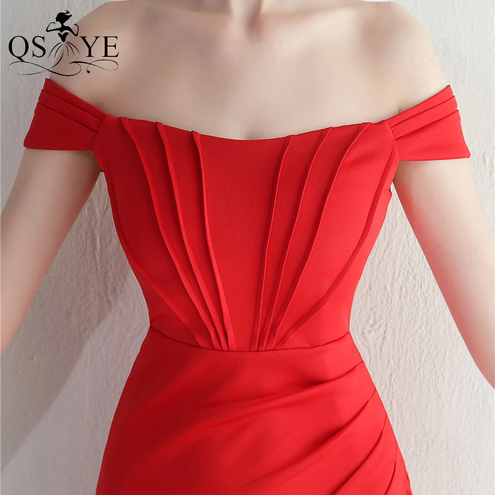 Off Shoulder Red Long Prom Dresses Ruched Bodice Sexy Split Party Gown Stretch Satin Sheath Girl Evening Dress Bridesmaid Chic