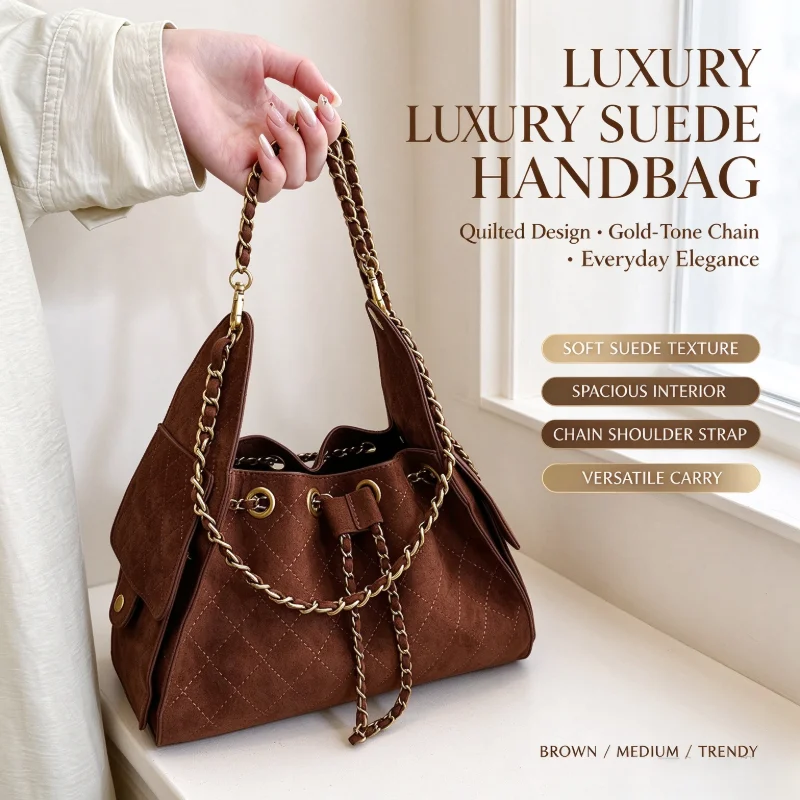 Luxury Women's Suede Commuter Chain Shoulder Bag, Diamond Quilted Design, Versatile Daily Handbag with Drawstring Closure, Mediu