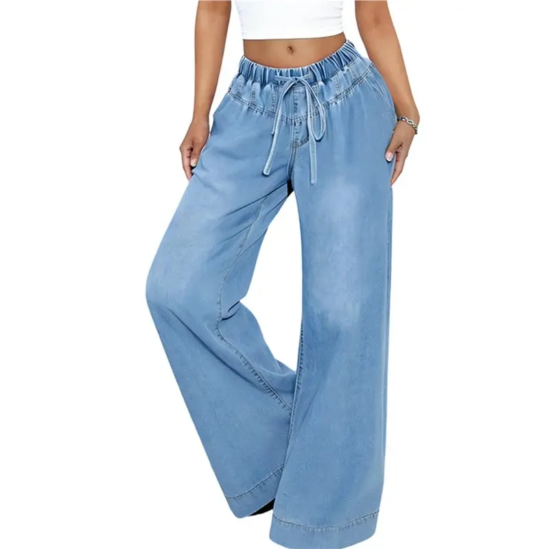 

CYL-Wide Leg Jeans For Women Stretch High Wasited Elastic Waist Bell Bottom Baggy Pants