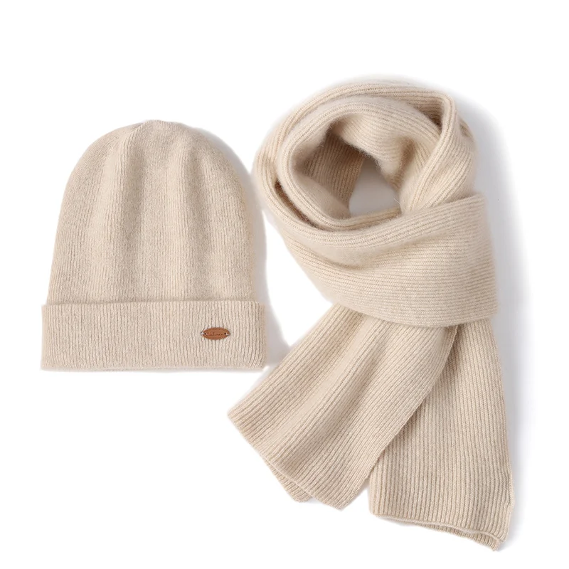 MELILABM Winter New Women\'s 100% Cashmere Scarf Knitted Hat  Multiple Sets of Scarves and Hats Girls Keep Warm Pure Color