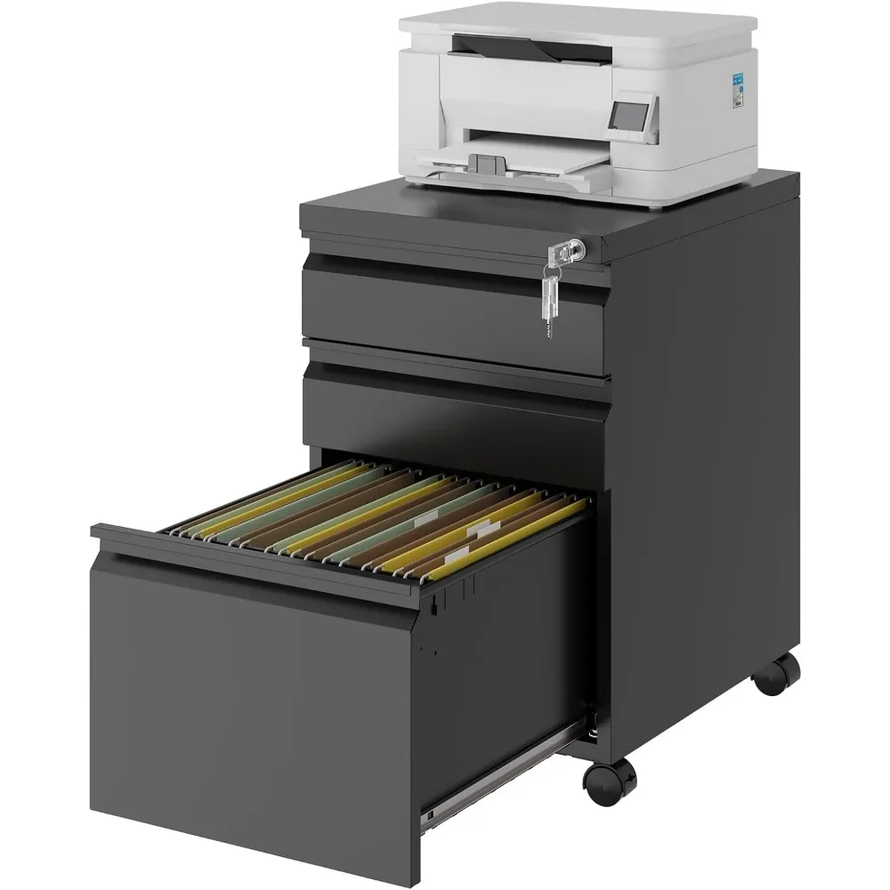 

Rolling File Cabinet with Lock, 3 Drawer Metal Mobile Filing Cabinet Legal/Letter Size, Fully Assembled Except Casters, Black