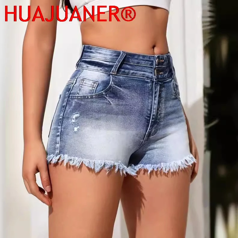 Hole Jeans Shorts Women High Waist Distressed Denims Washed Button Pockets 2026 Streetwear Vintage Straight Ripped Short Pants