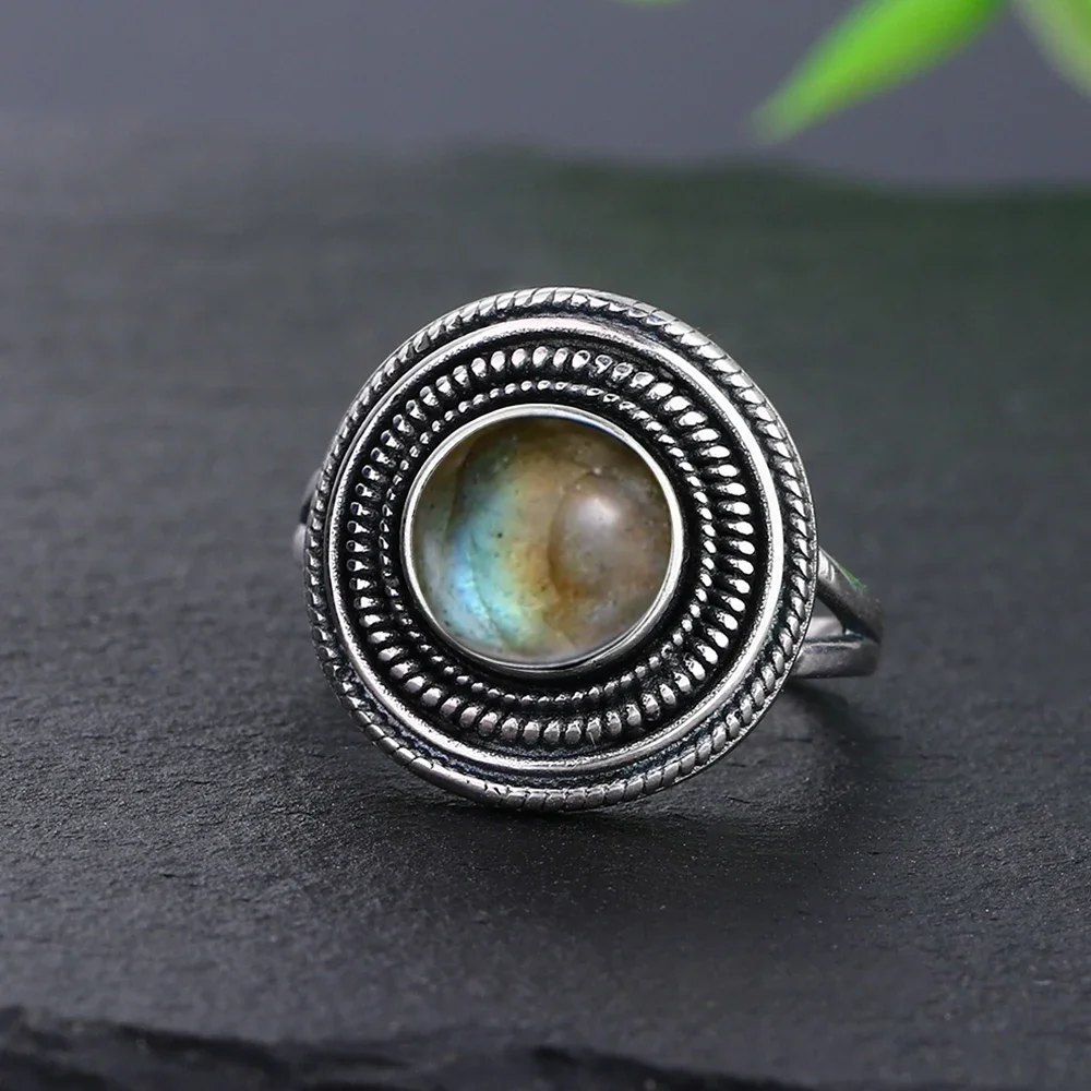 925 Sterling Silver Ring Natural Stone Oval 8MM Amethyst Labradorite Moonstone Retro Engagement Wedding Party Gift For Women