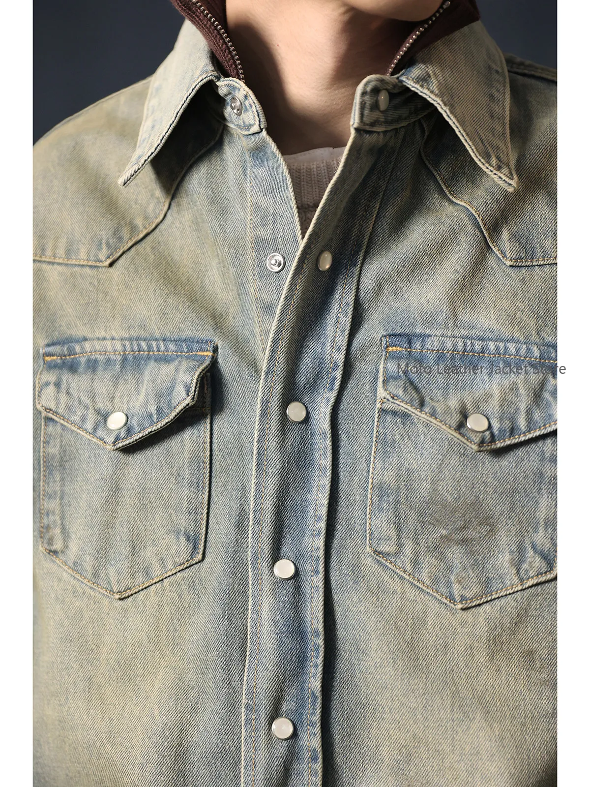 Oversized Denim Shirt 12oz Washed Distressed Mud Dyed Loose Denim Shirt Jacket