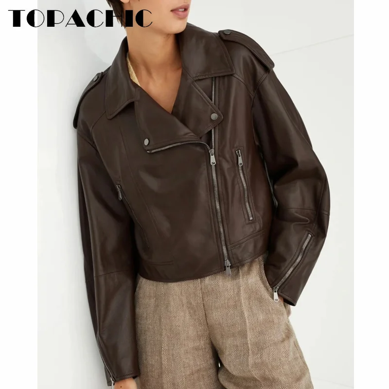 7.30 TOPACHIC-Women\'s Vintage Epaulet Genuine Leather Short Jacket All-matches Turn-down Collar Zipper Sheepskin Outerwear