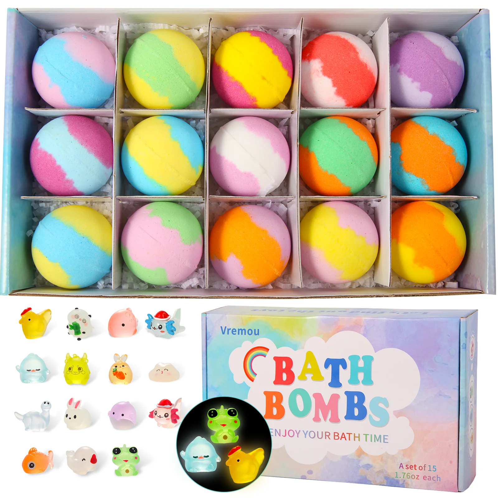 Bath Bombs for Kids with Toys Inside - 15 Pack Kids Bath Bombs with Glow in The Dark Bath Toys Inside, Birthday Gifts for Kids