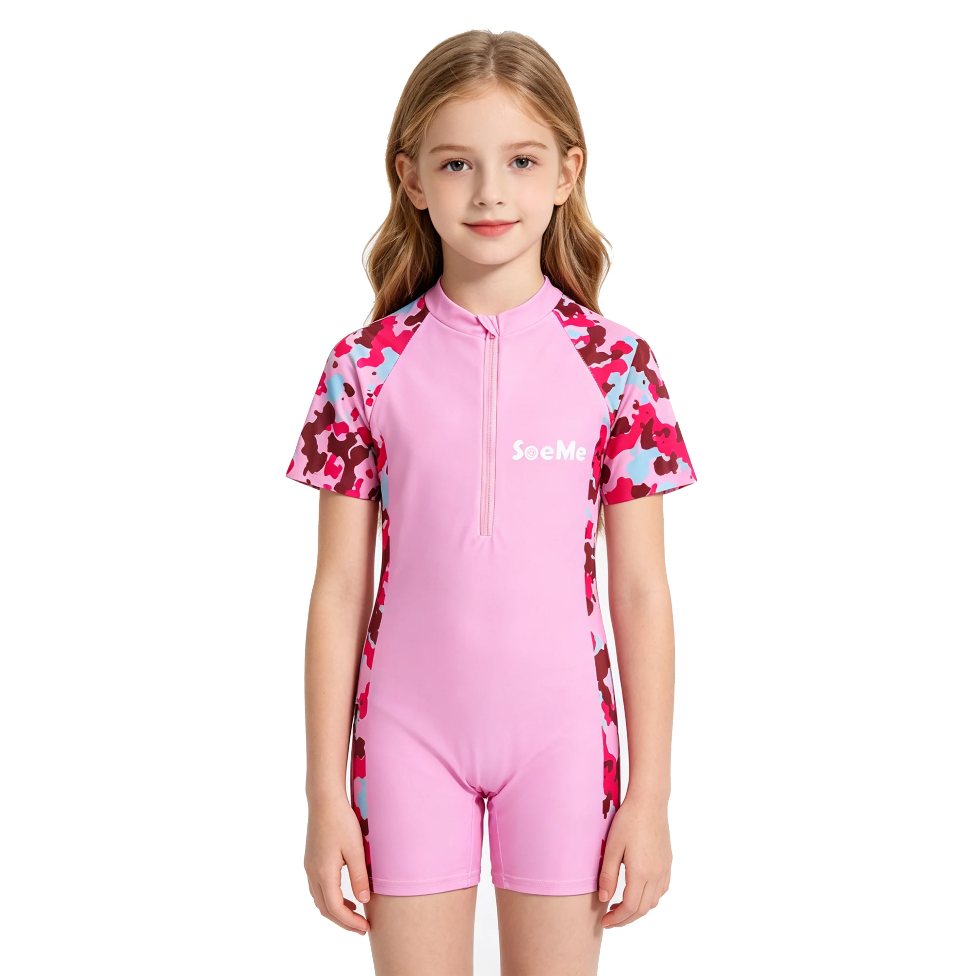 Kids One-Piece Swimsuit Sun Protection Children Clothes Rash Guard Zipper Short Sleeve Swimwear Quick Dry Boys Girls Beach Pool
