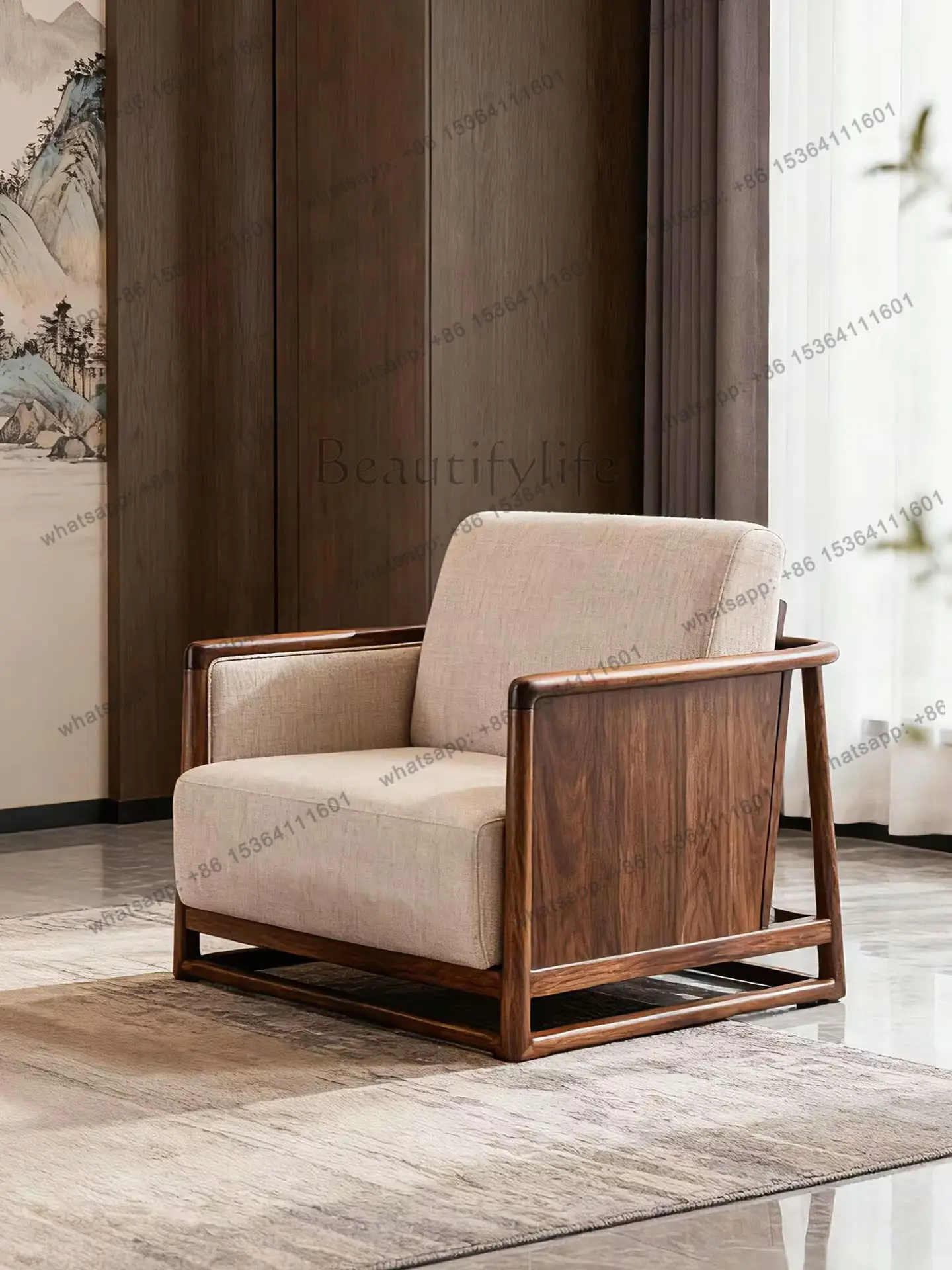 

12New Chinese-style North American black walnut sofa chair, living room fabric solid wood lazy chair