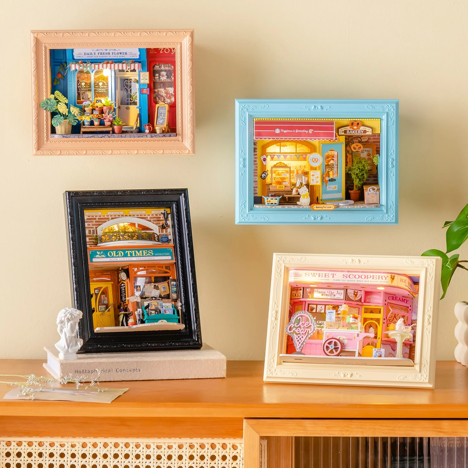 Rolife Wooden 3D Puzzle Photo Frame DIY Miniature House Kit for Wall Decor Wall-Mountable Mini Dollhouse Model Building Kit Fluffy Cat Bakery Sweet Scoopery Ice Cream Daily Fresh Flower Old Times Bookstore