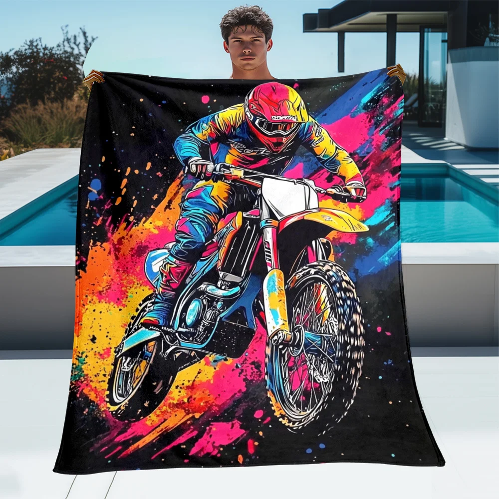 Motocross Rider Racing Bike Sport Action Blanket Flannel Soft Throw Blanket for Biker Fans Outdoor Adventure Design