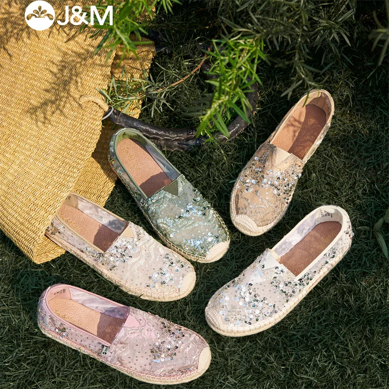 J&M Women Shoes Bling Glitter Lace Fisherman Sandals Summer Sequins Mesh Breathable Flats Slip On Casual Loafers Espadrilles