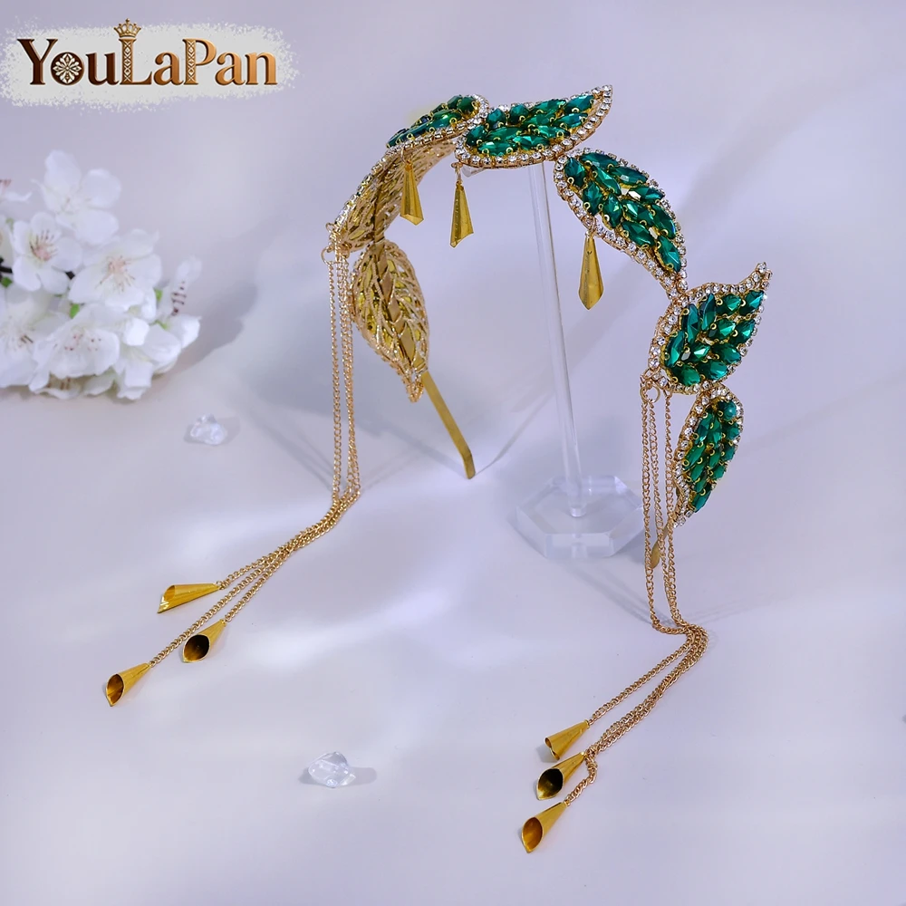 YouLaPan Luxury Green Color Rhinestone Leaf Bride Headband Golden Color Metal Tassel Hair Hoop Wedding Hair Accessories A365 image 2