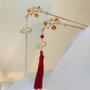 Retro Flower Tassel Hairpin For Women Elegant Peach Blossom Folding Fan Pendant Hair Stick Chinese Style Girls Hair Accessories