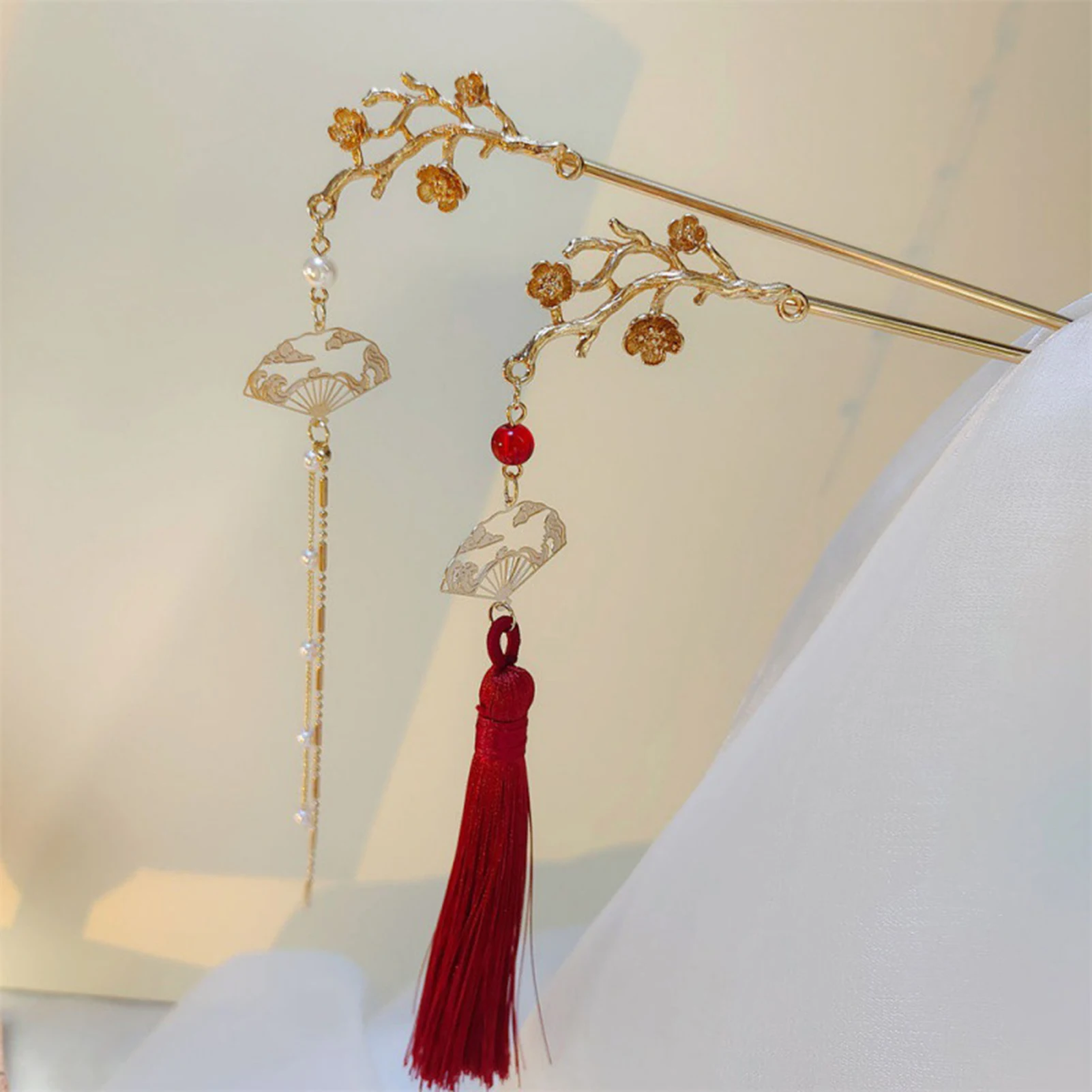 Retro Flower Tassel Hairpin For Women Elegant Peach Blossom Folding Fan Pendant Hair Stick Chinese Style Girls Hair Accessories