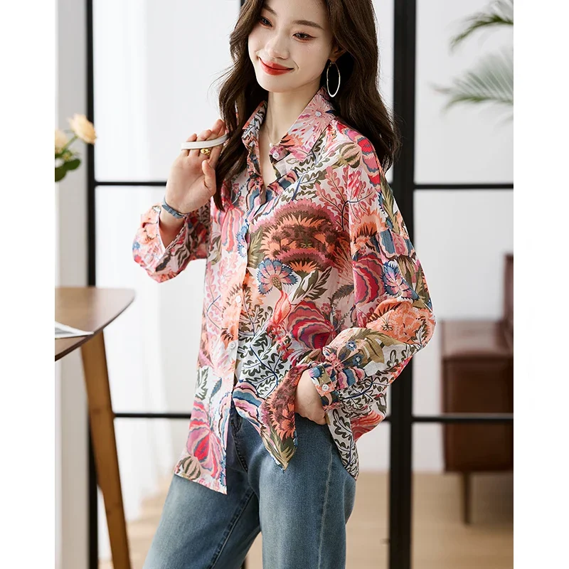 Floral Women Shirt 2025 Fashion Autumn New Printing Women's Clothing Polo-Neck Straight Long Sleeves Shirt OL Button Women Tops