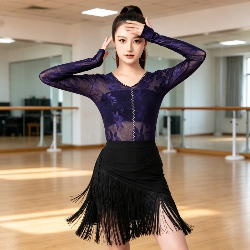 

Long Sleeves Ballroom Waltz Tops Women V Neck Mesh Dancewear Classical Line Dance Costume Competition Jazz Female Practice Suit