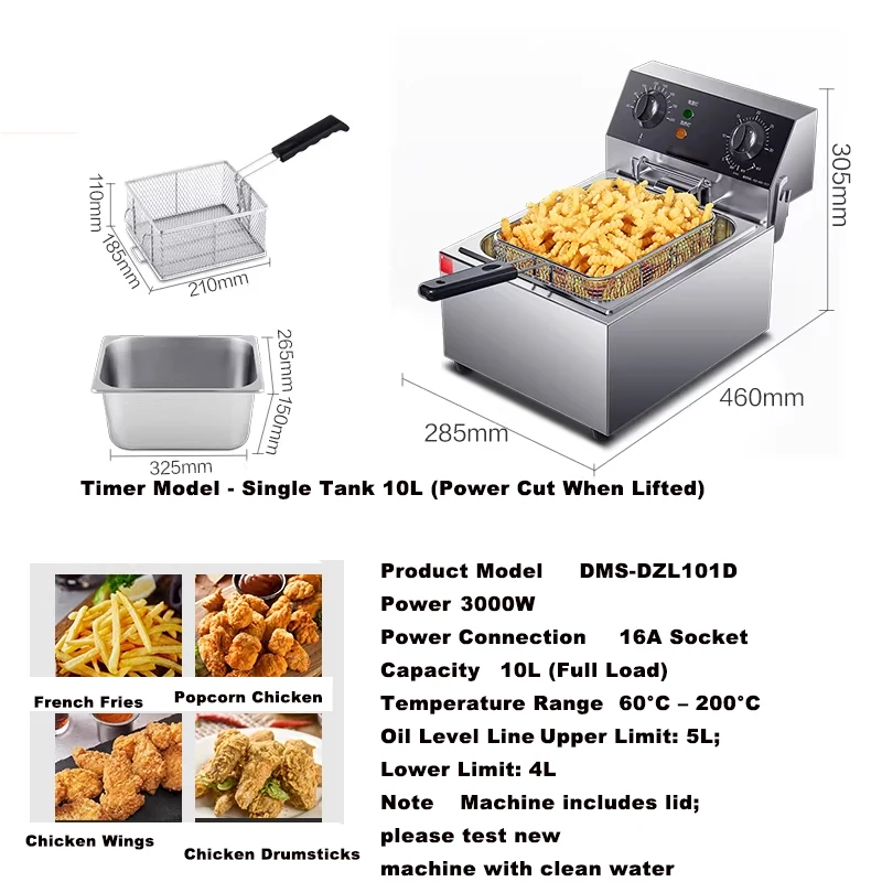 

Commercial Deep Fryer Electric Countertop Fryer 10L Single Tank Electric Countertop Fryer with Basket with Time & Temp Control