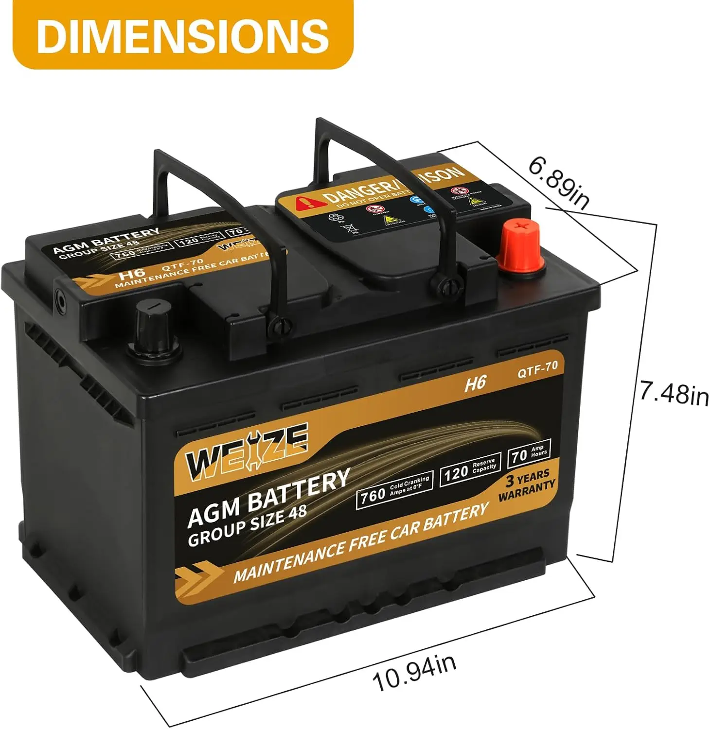 Platinum AGM Battery BCI Group 48-12v 70ah H6 Size 48 Automotive Battery, 120RC, 760CCA