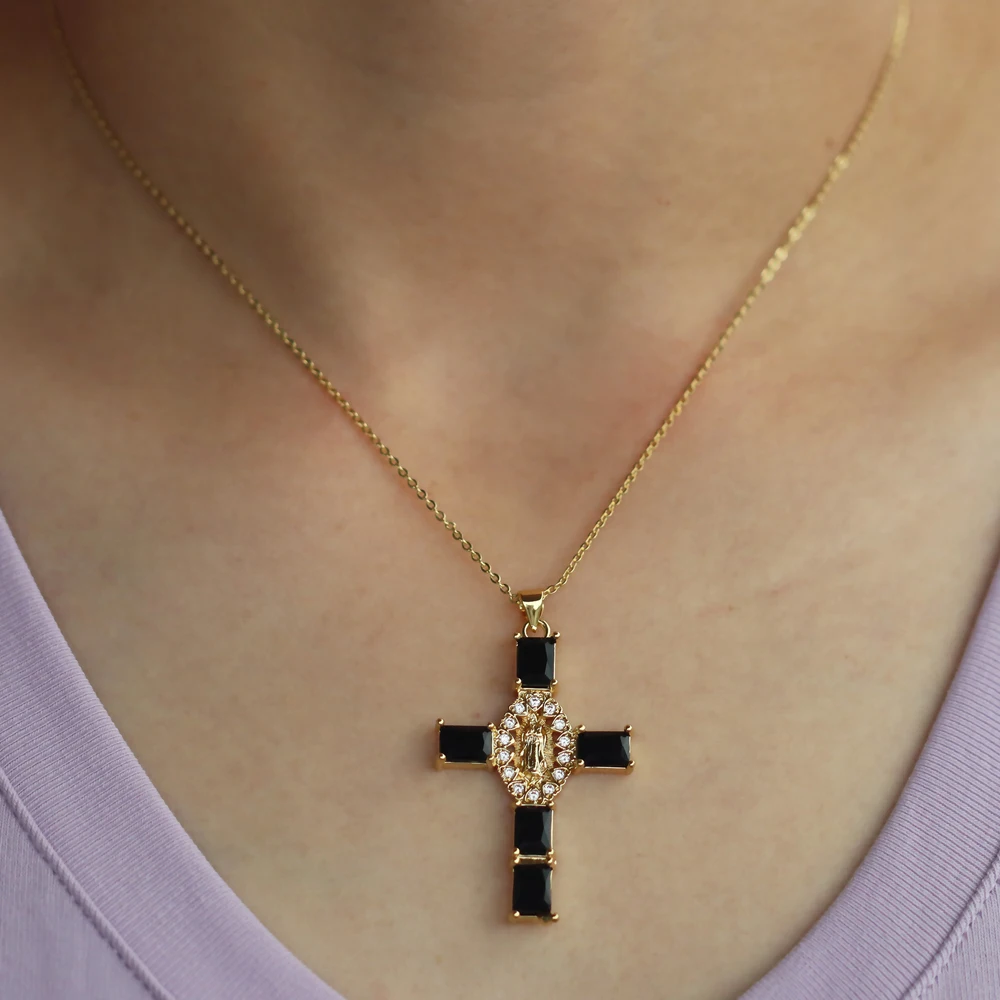 5 pcs/lot Gold Plated Brass Virgin Mary Cross Pendant Necklace with Colorful CZ Fashion Elegant Dainty Necklaces for Women Gift