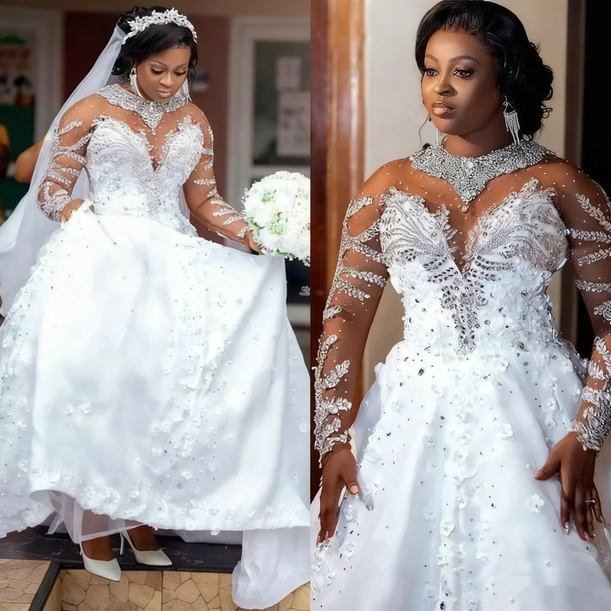 Luxury Sparkling Lace Crystal Wedding Dress Long Sleeve Beaded A-line Bride Dress African Black Women's Wedding Dress Custom