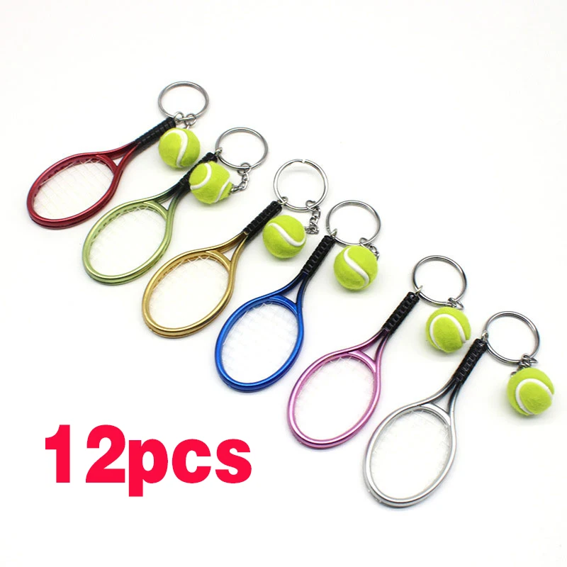 

12Pcs Sport Mini Tennis Racket Pendant Keychain Keyring Key Chain Ring Finder Holer Accessories Gifts for Teenager Fan