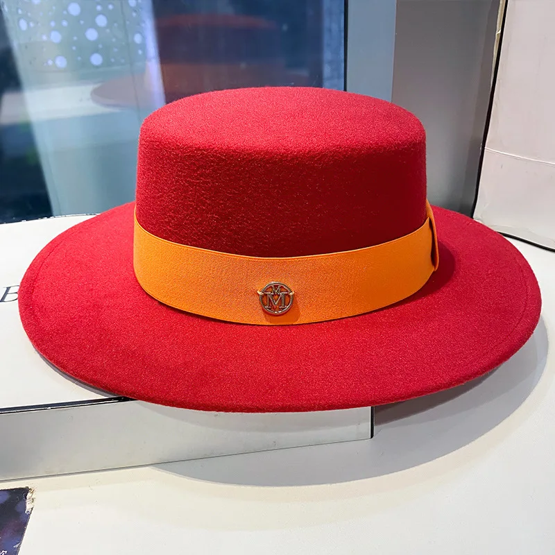 Fedora Rhinestone RB Ribbon Flat Top Hat for Women\'s Autumn and Winter Travel Versatile Flat Top Hat sombrero hat