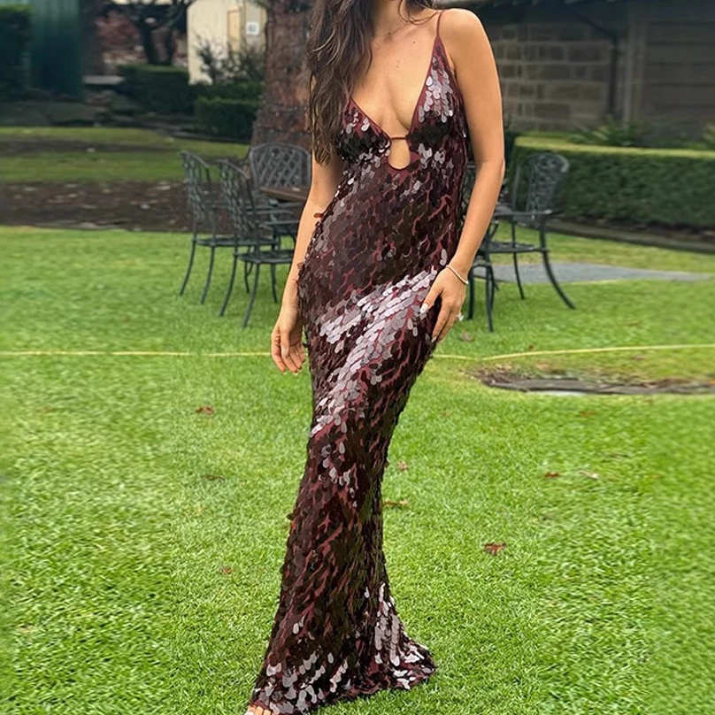 Luxury 2026 Collection Evening Party Women's Vestidos Spaghetti Strap Sequin Shiny V-Neck Fitted Long Dress