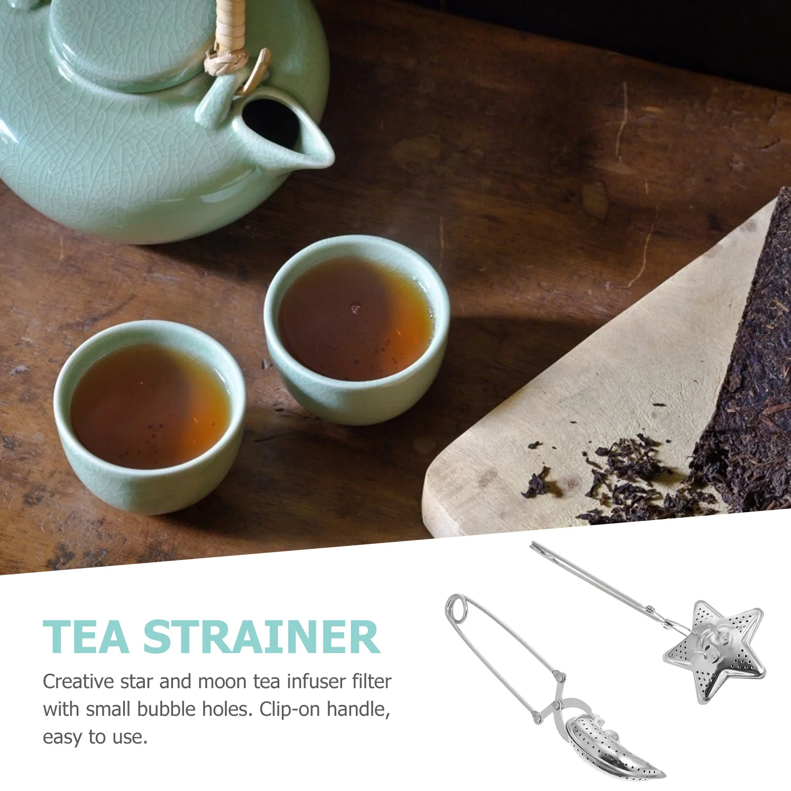 

2pcs Stainless Steel Tea Filters Silver Loose Leaf Tea Infuser Star Moon Design Clip-On Handle For Home Office Restaurant
