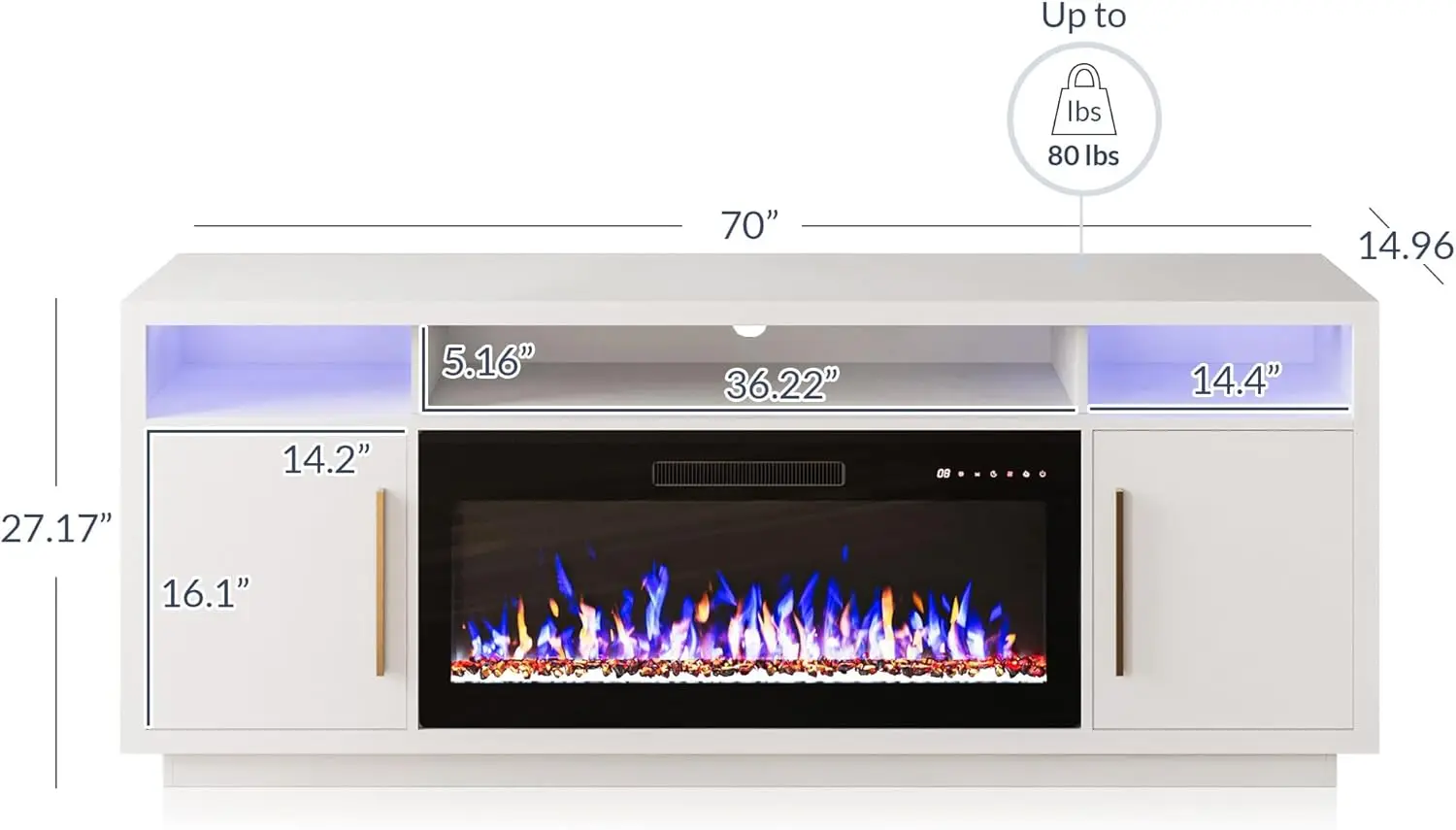 BELLEZE Soporte para TV con chimenea de 70" para televisores de hasta 75", centro de entretenimiento con luz LED y calentador de chimenea eléctrico de 36", cabina de almacenamiento