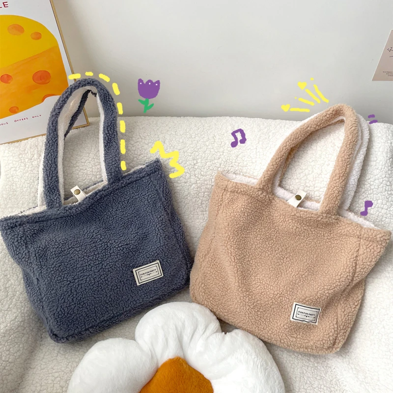 Cashmere Fleece Handbag Women\'s Plush Shoulder Bags Two Side Available Designer Tote Bags Girls Ladies Shopper Bag Bookbag Purse