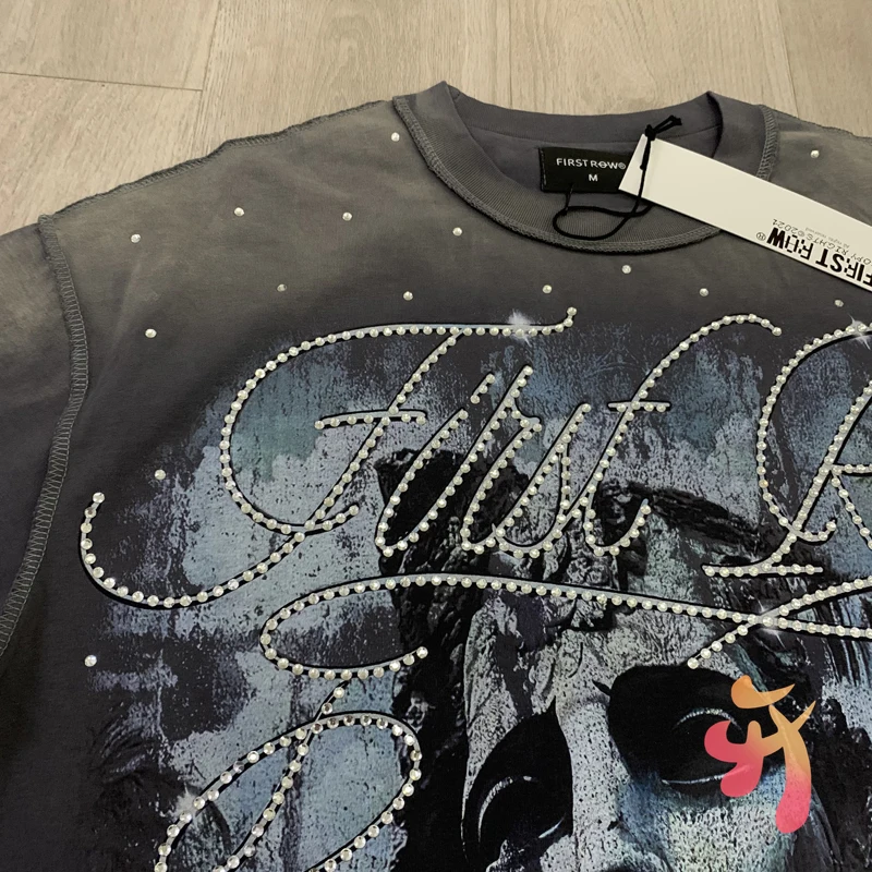 Vinatge Wahed Grey Hot Drill FIRST ROW Tshirt  Y2K Street Graffiti Portrait Print Short Sleeve Loose Men Women Tee Fast Shipping