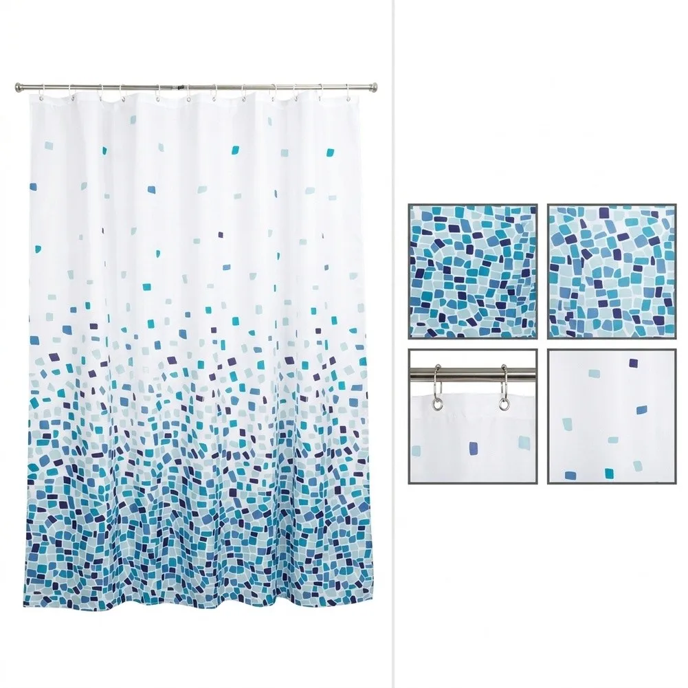 Shower Curtain 180x180cm Blue Gradient Print Polyester Fabric with Water Resistant Coating and Smooth Grommets