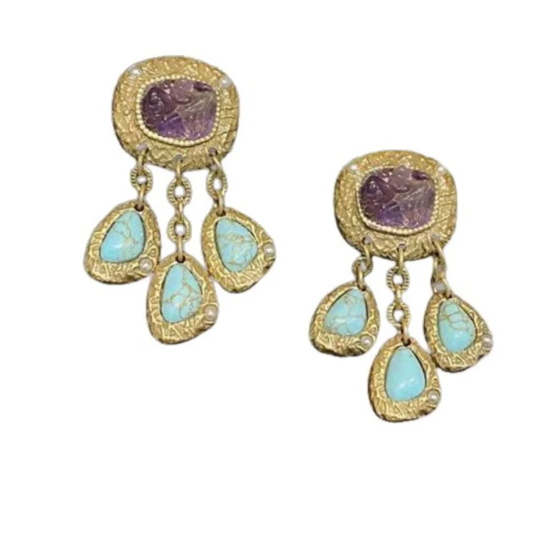 Vintage Lila Kristall-Türkis Wassertropfen Goldene Ohrringe für Frauen, Böhmische Ohr-Accessoires, Schmuckgeschenke, Party- und Freizeitkleidung – Detail 12